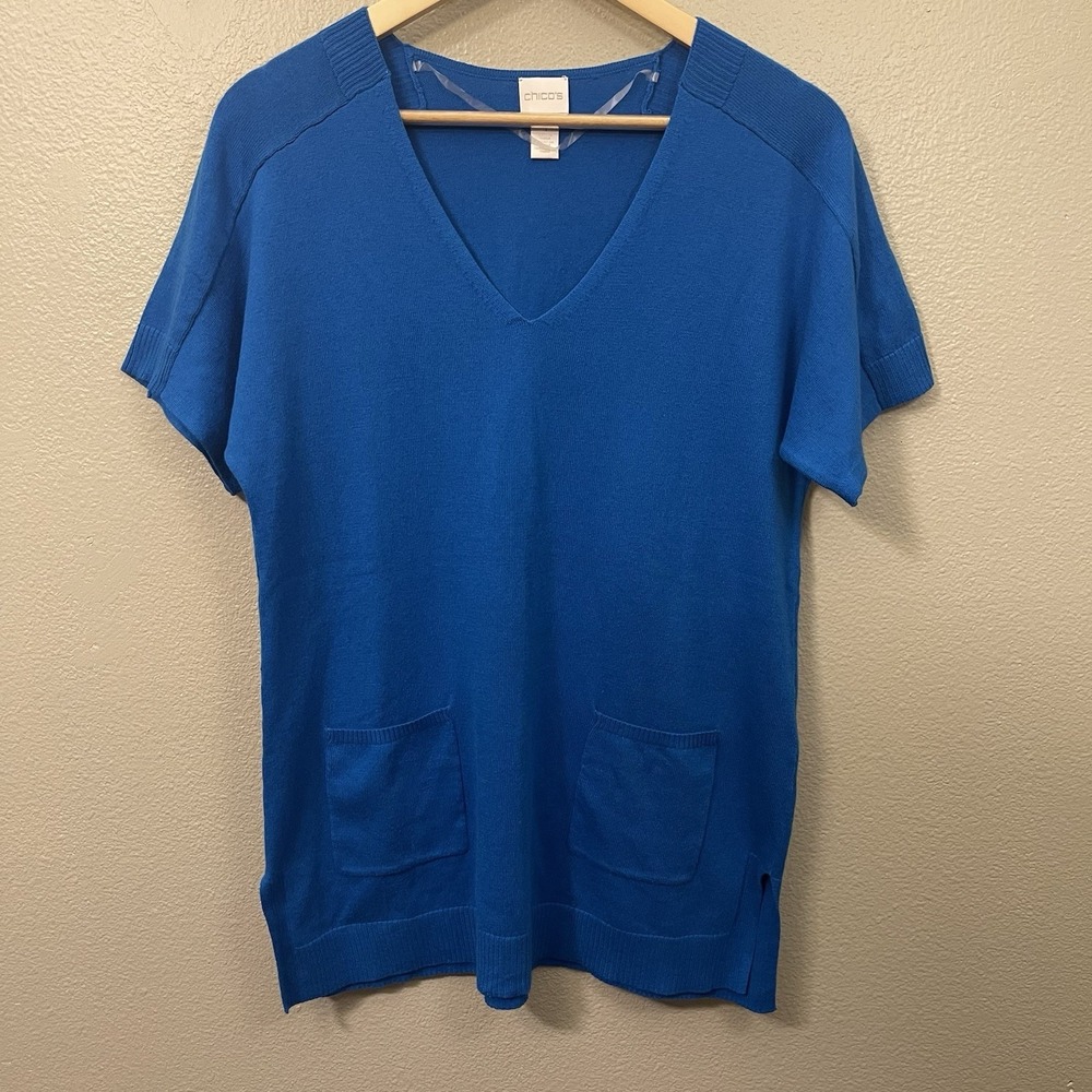 Chico's 1 Short Sleeve Knit Sweater Top Long Line Vibrant Blue Pockets Size S/M